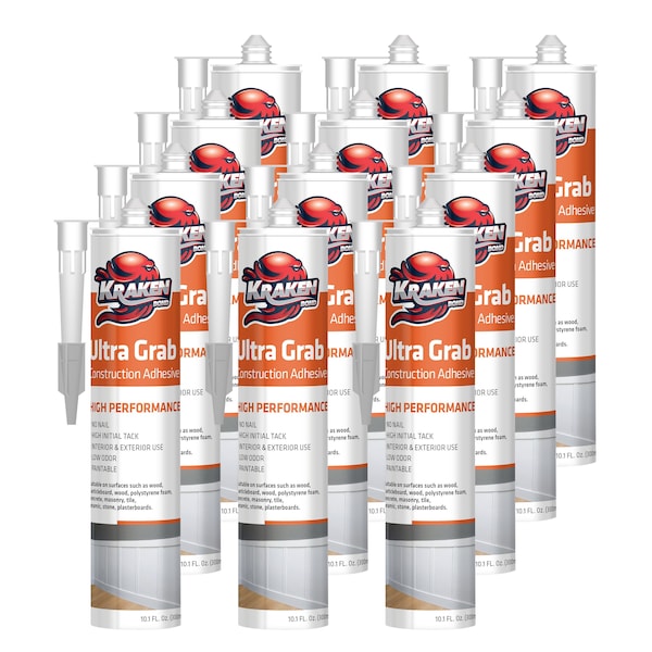 Krakenbond Ultra Grab Construction Adhesive - Seal Concrete, Tile, Glass, Granite, Wood, Instant Grab, 10.1 oz, 12PK KR310ACS-12 - main